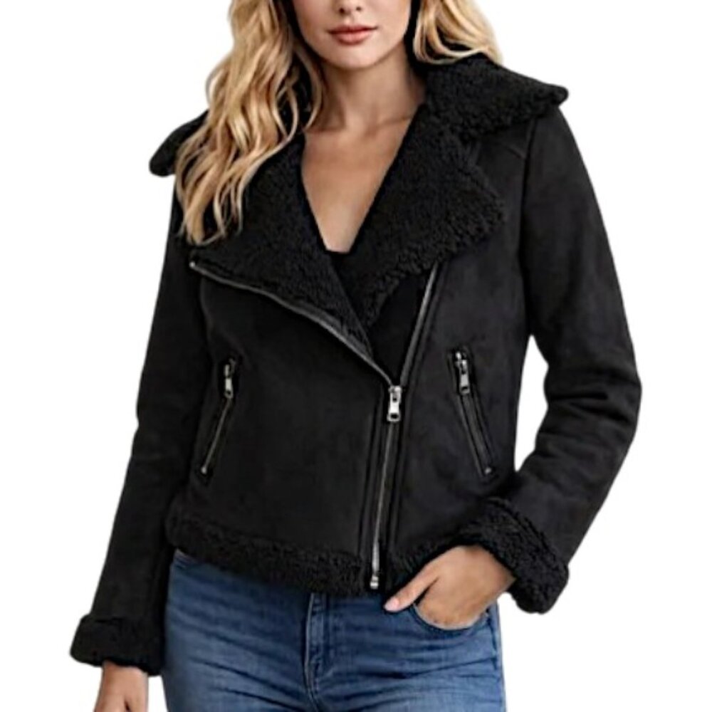 Banana Republic Petite Sherpa Moto Jacket LP Black Faux Suede Shearling